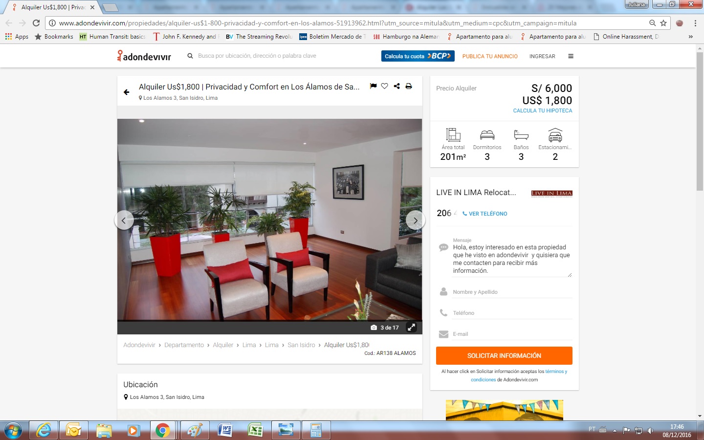 Mesmo imóvel, anunciado por uma imobiliária em San Isidro, bairro nobre de Lima (Reprodução)