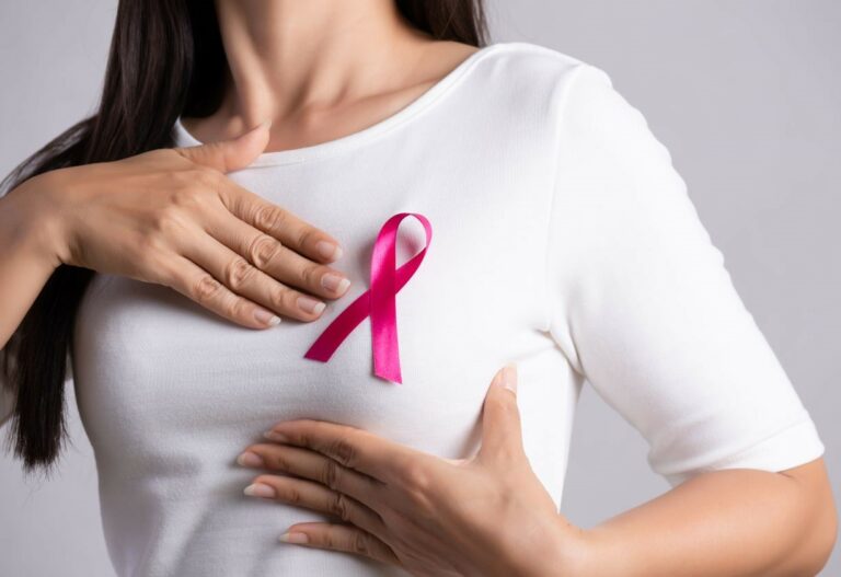 fita representando câncer de mama no busto de uma mulher