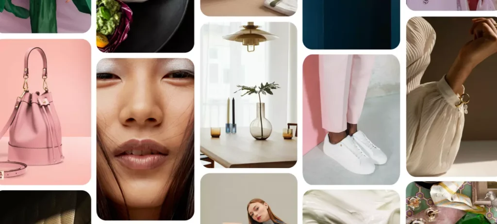 Um mosaico mostra diferentes fotos, como o rosto de uma mulher, uma bolsa cor de rosa, e um tênis branco.