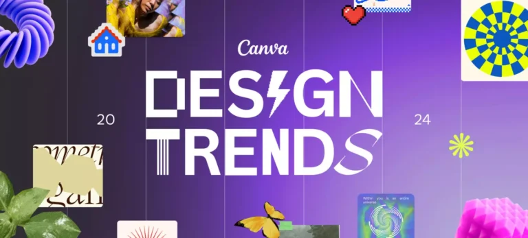 Foto mostra a frase "Canva Design Trends" em diferentes fontes em branco sobre um fundo roxo. Em volta, várias imagens e ilustrações coloridas.