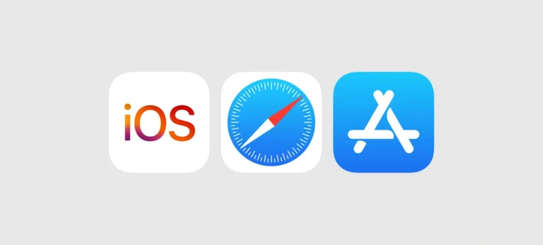 Imagem mostra os ícones dos aplicativos do sistema iOS, do Safari e da App Store da Apple, sobre um fundo cinza claro.