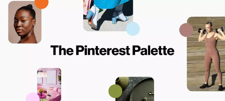 O texto "The Pinterest Palette" escrito em preto sobre um fundo branco. Ao redor, imagens que remetem às cores da paleta do Pinterest.