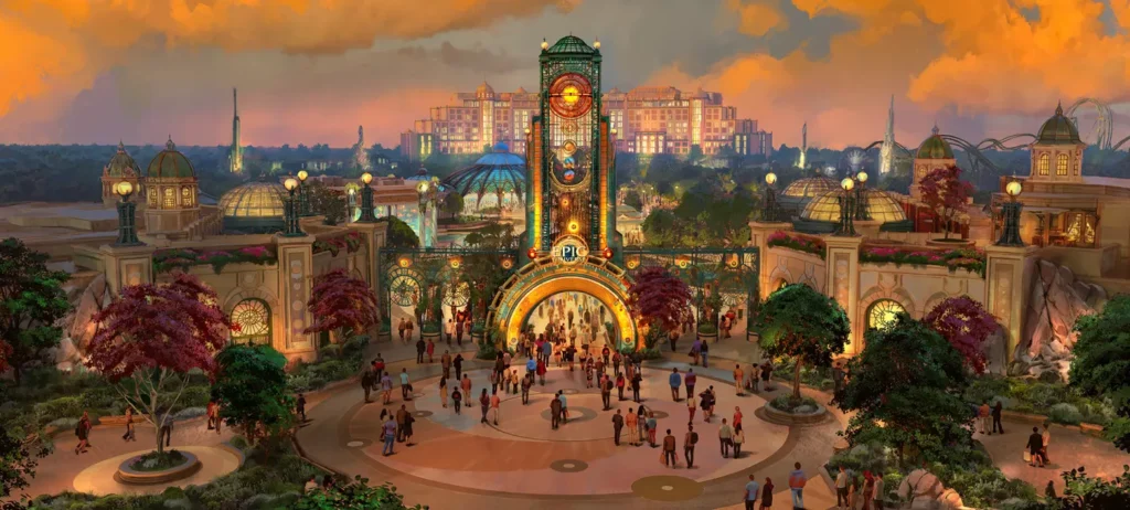 Arte virtual que mostra a futura fachada do Epic Universe, na Flórida.