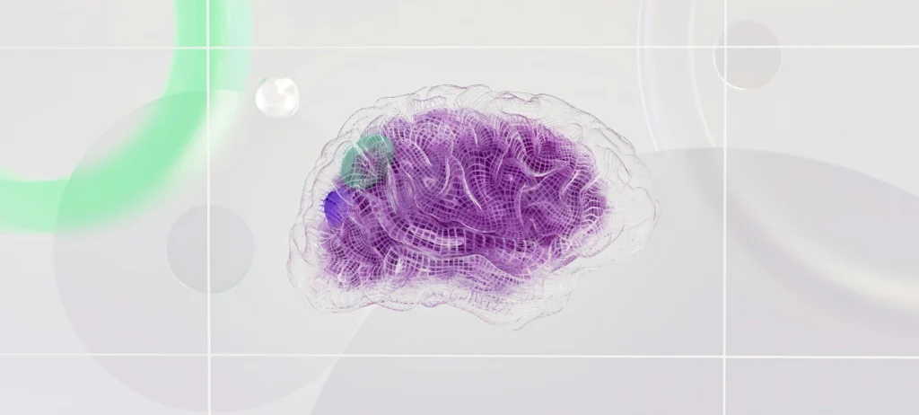 A arte digital mostra uma forma que se assemelha a um cérebro humano na cor roxa. Ele flutua em um espaço cinza claro, ou outras formas de diversas cores ao seu redor.