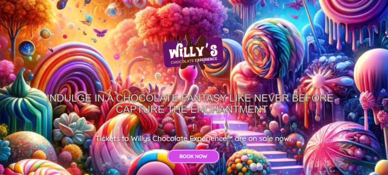 Captura de tela do site do evento em Glasgow, que mostra um papel de parede com diversas imagens coloridas de pirulitos, chocolates e doces.