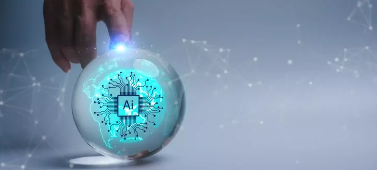 Uma mão toca uma bola de cristal que tem uma ilustração de uma IA no centro.