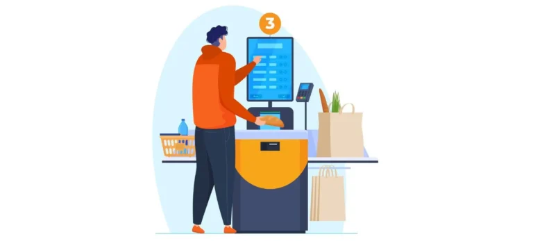 Imagem mostra uma ilustração de um homem que passa suas compras de mercado em um caixa de autoatendimento.