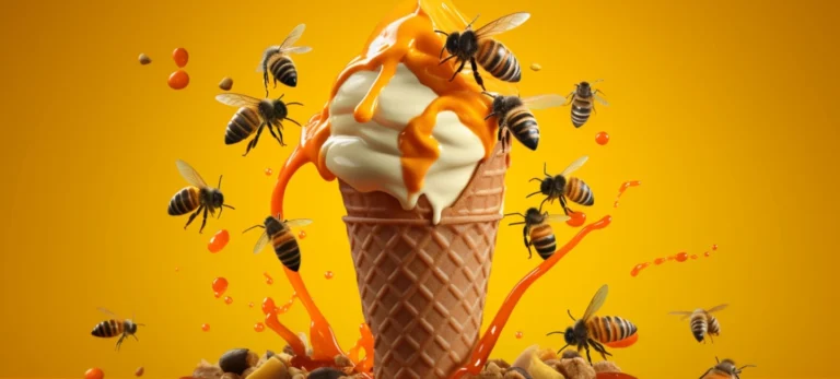 Um sorvete de cone é cercado por várias abelhas. Sobre ele, é despejado uma calda caramelo. O fundo é amarelo.