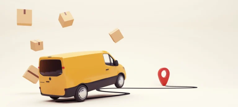 A ilustração de uma van amarela em 3D corre em direção ao ponto de entrega. Pacotes de papelão voam no ar com a velocidade do automóvel.