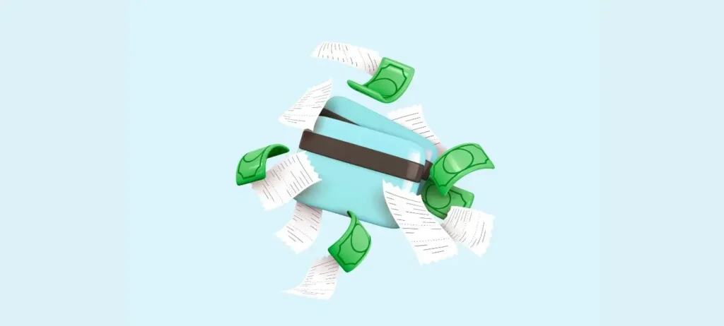 Ilutração de um cartão de crédito cercado por notas fiscais sobre um fundo azul claro.