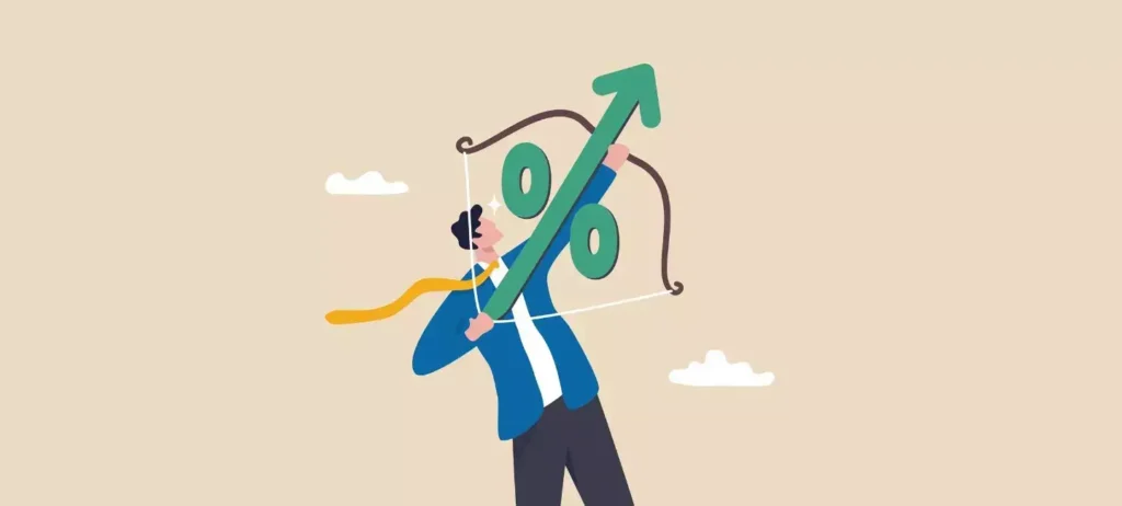 Ilustração de um homem de terno que atira uma flecha em formato de porcentagem.