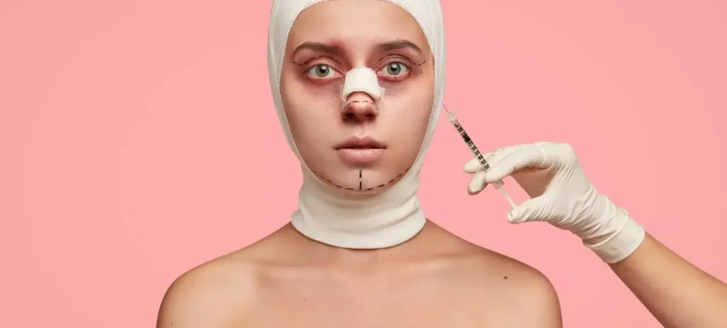 Uma mulher tem a cabeça enfaixada e o nariz com um curativo. Uma mão aplica uma seringa no rosto da mulher.