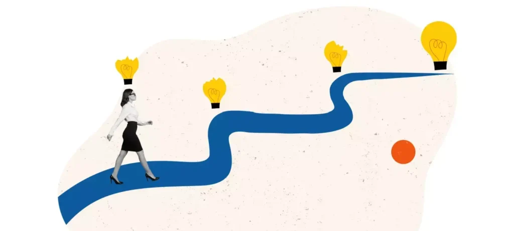 Ilustração de uma mulher que caminha por um pavimento azul, e a cada curva, uma lâmpada surge no horizonte.