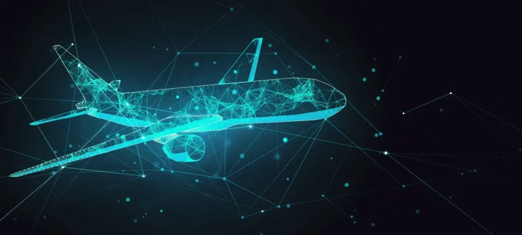 Um avião é desenhado em linhas azuis vibrantes sobre um fundo preto.