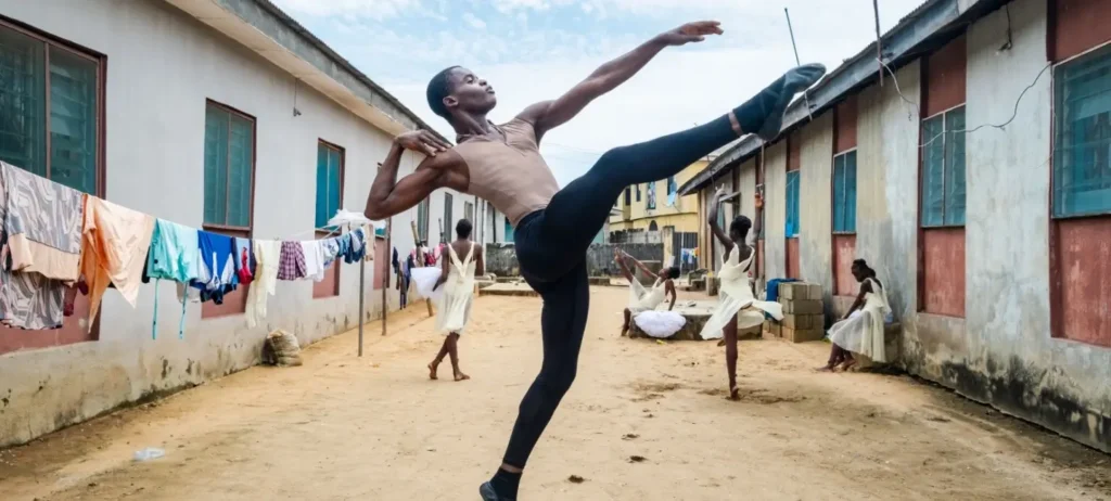 Um rapaz negro dança ballet em uma rua de casas. Atrás dele, outras meninas bailarinas dançam no espaço.