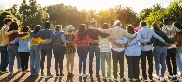 Pessoas de diversas idades se abraçam.