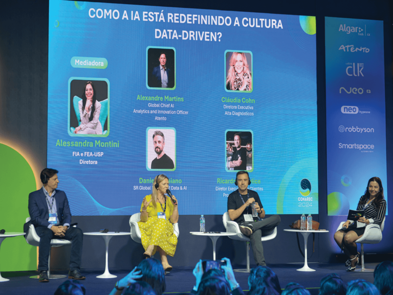 Alexandre Martins, Global Chief AI, Analytics and Innovation Officer da Atento; Cláudia Cohn, diretora-executiva da Alta Diagnósticos; Ricardo Sanfelice, diretor-executivo de Clientes, Produtos e Inovação do banco BV; e Alessandra Montini, diretora da FIA e FEA-USP
