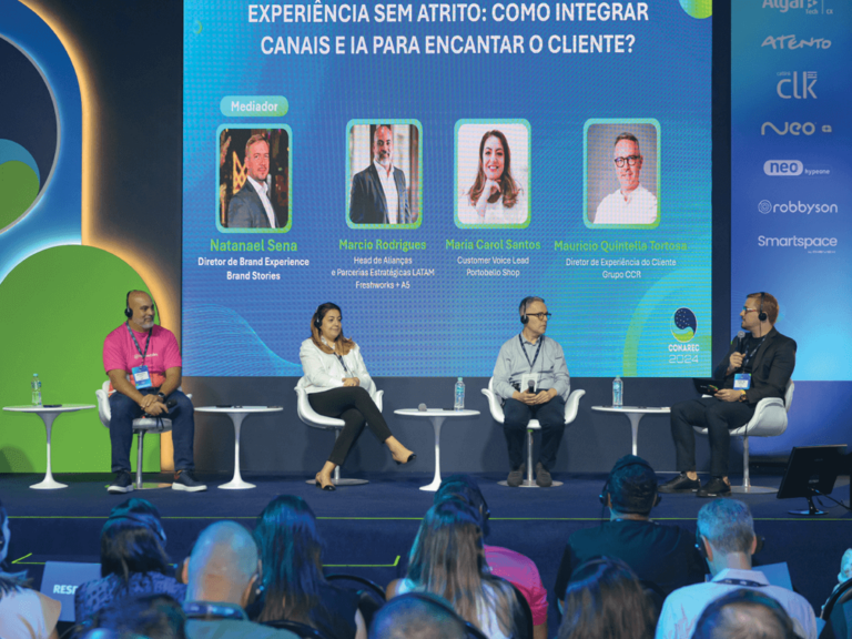 Marcio Rodrigues, head de Alianças e Parcerias Estratégicas LATAM da Freshworks + A5; Maria Carol Santos, Customer Voice lead da Portobello Shop; Mauricio Quintella Tortosa, diretor de Experiência do Cliente do Grupo CCR; e Natanael Sena, diretor de Branded Experience da Brand Stories