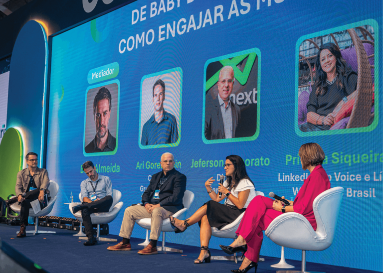 Beto Almeida, CEO da Interbrand; Ari Gorenstein, co-CEO do Víssimo Group; Jeferson Honorato, diretor do next (Bradesco); Priscila Siqueira, LinkedIn Top Voice e líder da Wellhub no Brasil; e Sany Silveira, CEO da CNP Seguros Holding Brasil