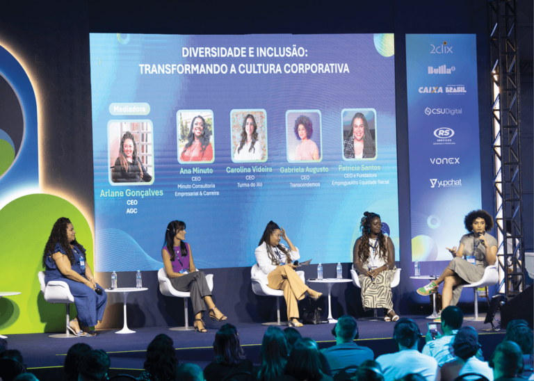Arlane Gonçalves, CEO da AGC; Carolina Videira, CEO da Turma do Jiló; Patrícia Santos, CEO e fundadora da Empregue Afro Equidade Racial;  Ana Minuto, CEO da Minuto Consultoria Empresarial & Carreira; e Gabriela Augusto, CEO da Transcendemos