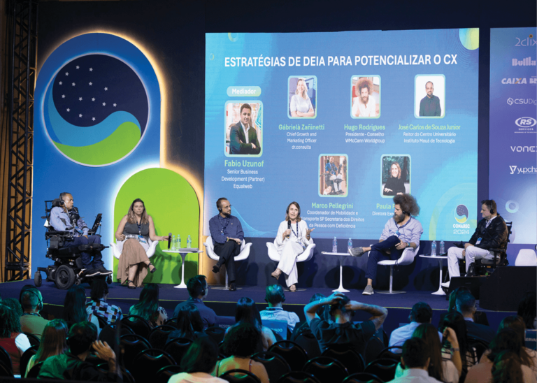Marco Pellegrini, coordenador de Mobilidade e Transporte na Secretaria dos Direitos da Pessoa com Deficiência; Gábrielà Zañinetti, Chief Growth and Marketing Officer do dr.consulta; José Carlos de Souza, reitor do Centro Universitário Instituto Mauá de Tecnologia; Paula Fonseca, diretora-executiva Jurídica da ALLOS; Hugo Rodrigues, presidente do Conselho da WMcCann Worldgroup; e Fábio Uzunof, senior Business partner da Equalweb