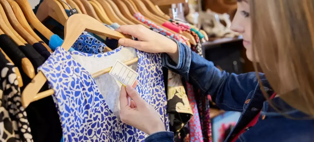 Uma mulher segura um cabide com uma blusa azul e branca e, com a mão esquerda, segura a etiqueta da peça.