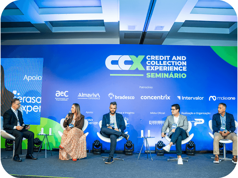 Pedro Raffy Vartanian, professor de Economia do Mackenzie; Nádia Lopes, head de Cobrança da 99; Diógenes Junior, gerente sênior de Data Science do Bradesco; Bruno Vieira, CEO de Ativos do Banco do Brasil; e Daniel Celeguim, diretor-geral do Banco Rodobens