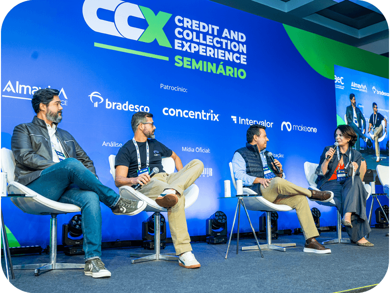 Rafael Yukio, senior manager of Collections do RecargaPay; Eduardo Ribeiro, sócio da MakeOne; Felipe Ferrari, sócio e diretor de Relacionamento e Gestão Financeira da Cogna Educação; e Alcimere Noventa, diretora de Crédito e Cobrança da MPA Gestão