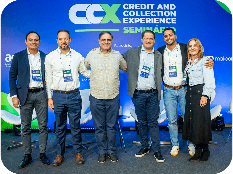 Rafael Kerche, diretor-financeiro da Sicoob Cooplivre; Rodrigo Mello, superintendente Nacional da Caixa Econômica Federal; Jacques Meir, diretor-executivo de Conhecimento do Grupo Padrão e mentor da CX Brain; Mauro França Rangel, diretor de Crédito e Recuperação do Inter; Raphael Albuquerque, superintendente de Cobrança e Planejamento da Casas Bahia;e Silvia Moraes, VP Administrativa do Consórcio Embracon