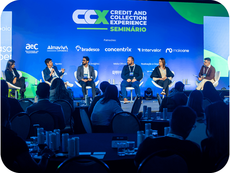 Nazaré Silva, gerente sênior de Cobrança da Vivo; Diego Mattos, diretor de Cobrança e Prevenção a Fraude do Sem Parar; Marcelo Dutra, diretor de Operações da AeC; Tiago Cabrera, head of Collections do QuintoAndar; Vivian Mazzoni, diretora de Cobrança e Retomada da Creditas; e Rafael Russo, fundador do PodCobrar Talks