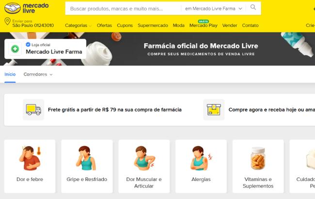 O Mercado Livre inicia venda de medicamentos em SP com entregas em até 3 horas. Projeto reacende debate sobre segurança e conveniência.