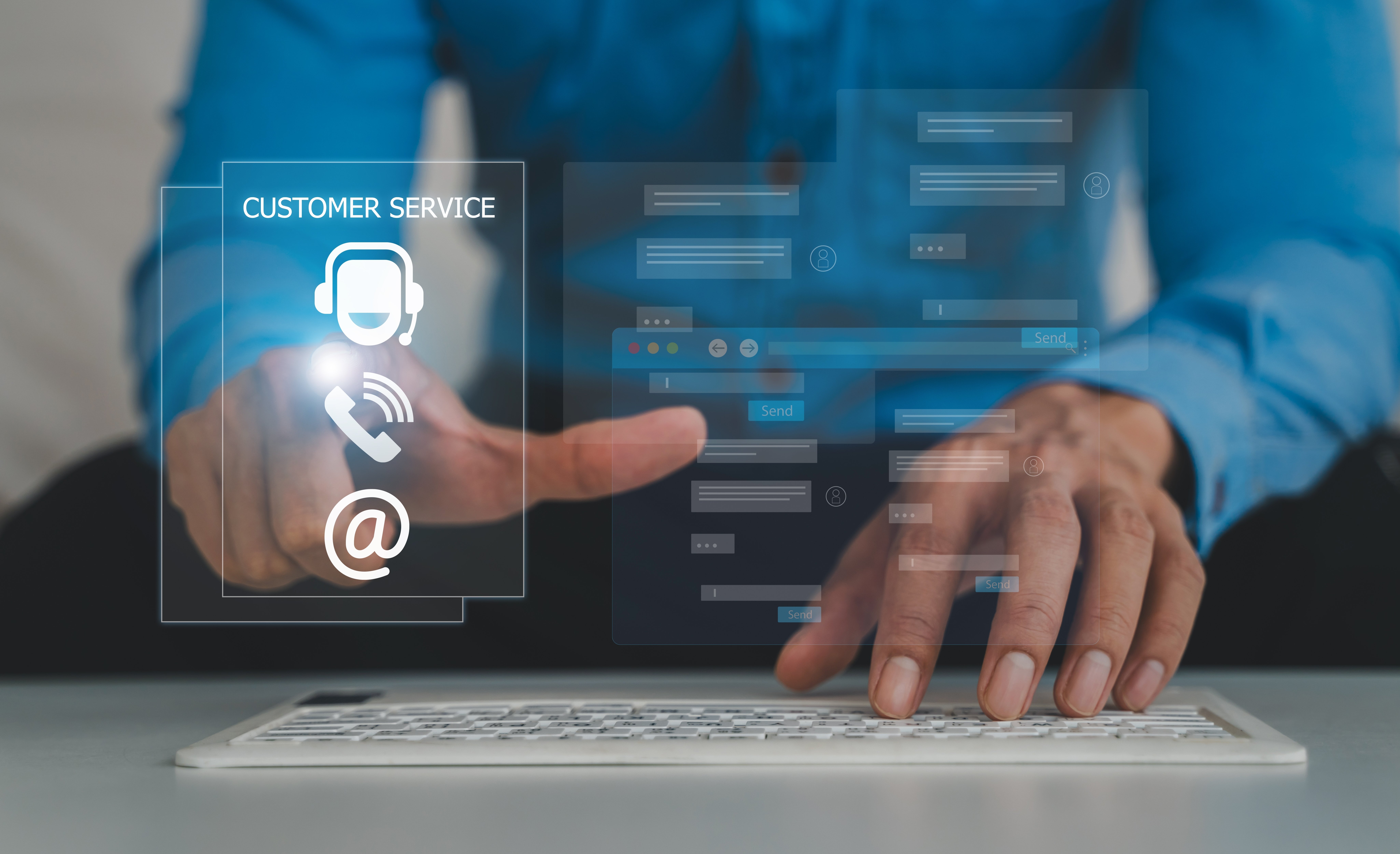 Customer,Service,,Hand,Pointing,At,Virtual,Customer,Service,Interface,,Concept