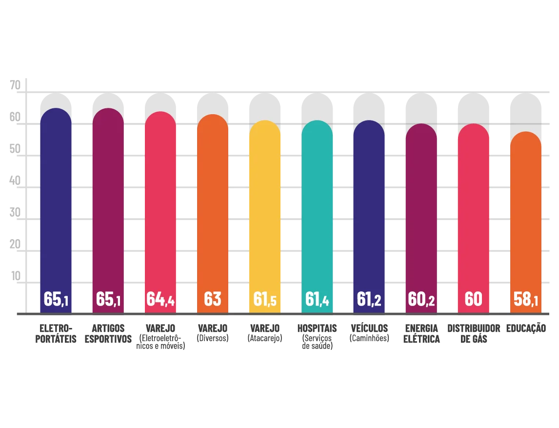 MÉDIA GERAL por segmento (top 10 – em %) – O segmento Eletroportáteis obteve o melhor desempenho entre todos, ficando significativamente acima da média. O segmento foi seguido por Artigos Esportivos, Varejo, Varejo – Diversos, Hospitais – Serviços e Veículos.