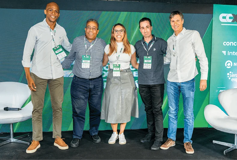 Leandro Mello, COO da CashMe; Carlos Augusto de Oliveira, diretor-executivo da ABFintechs; Dirlene Gonçalves de Castro, head de Cobrança e Prevenção à Fraude do Sem Parar; Caio Crepaldi, diretor de Crédito do Banco PAN; Daniel Vilela, vice-presidente de Produtos e Soluções da Mastercard Brasil